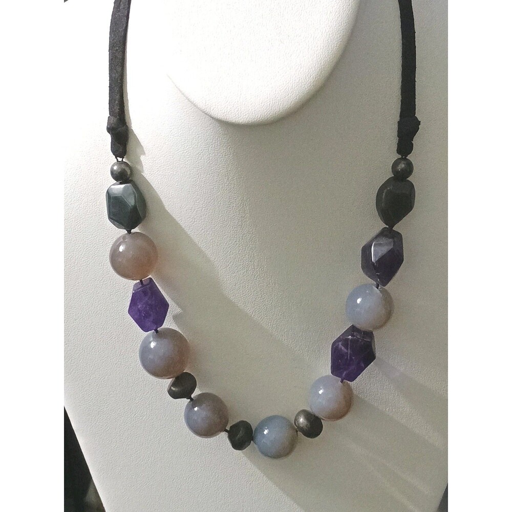 Peyote Bird Sterling Silver Chalcedony Amethyst Magnetite Leather Chunk Necklace